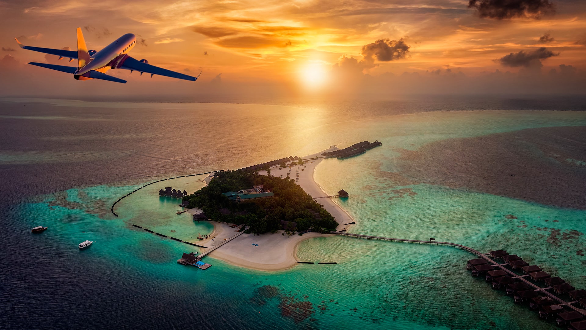 airplane flying onto small island